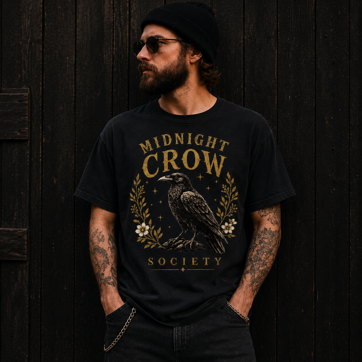 Midnight Crow Society unisex cotton T-shirt featuring a vintage raven design. Perfect for gothic fashion, dark academia, goblincore and alternative style.