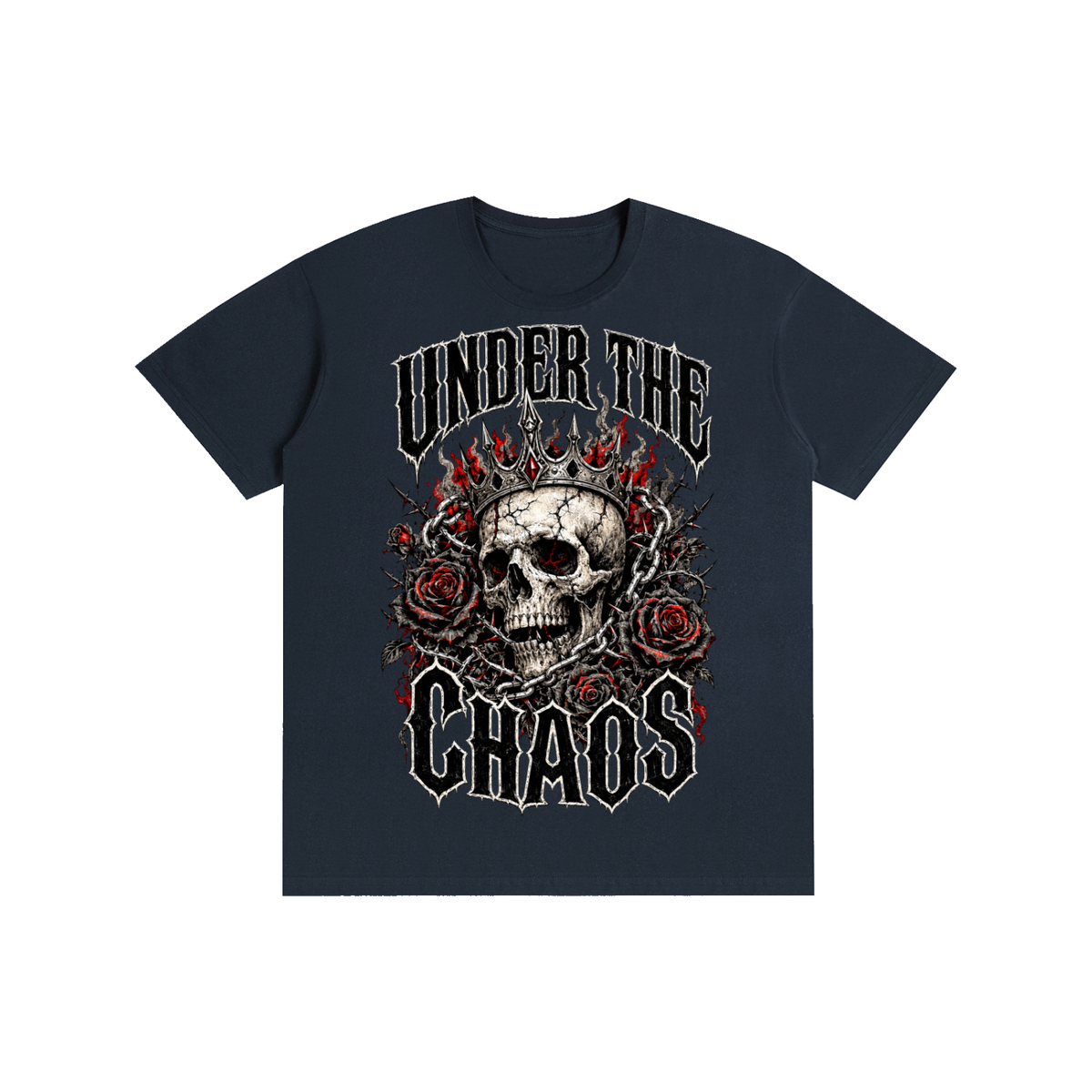 A navy blue short-sleeve t-shirt with a graphic on the front featuring the under the chaos text and skull graphic
'