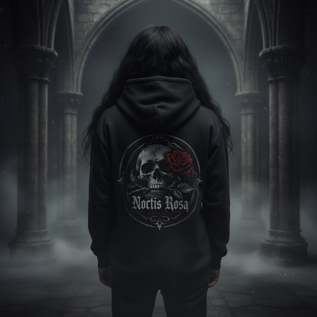 Premium Noctis Rosa unisex hoodie featuring a gothic skull and crimson rose design with "Rose of the Night" artwork. Heavyweight alternative streetwear for gothic fashion lovers.