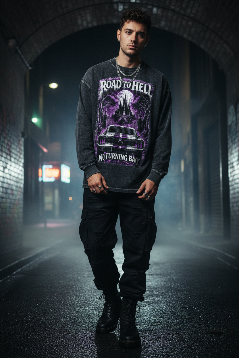 Road To Hell oversized long sleeve — front lifestyle mockup, gothic streetwear, acid wash black, Under The Chaos