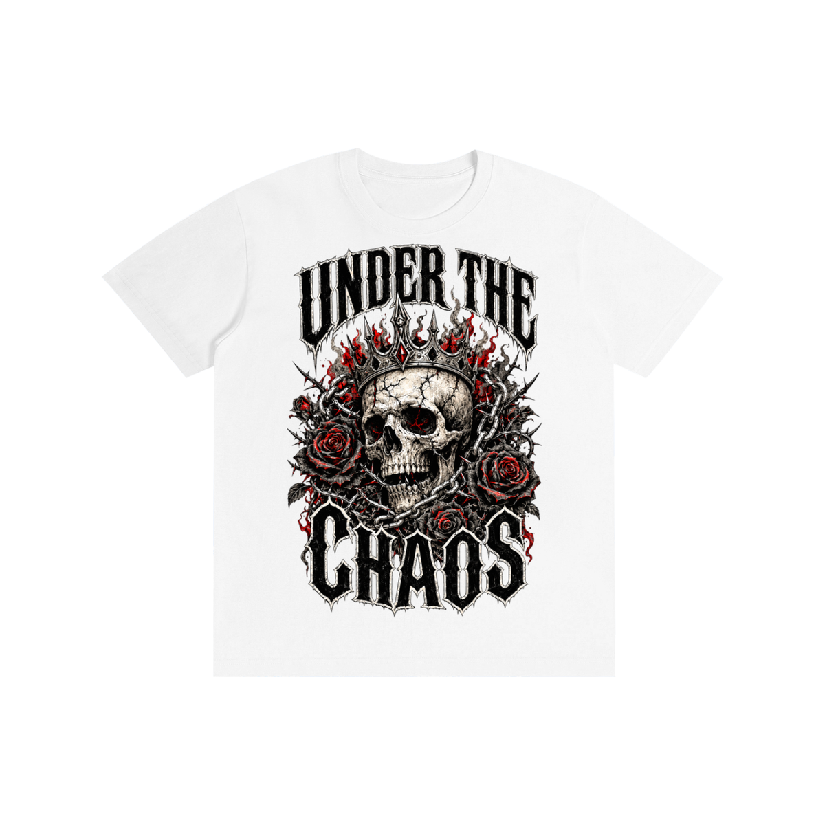 A white short-sleeve crewneck t-shirt featuring a graphic print of a skull wearing a crown of red roses, with the words 'UNDER THE CHAOS' in a distressed black font.